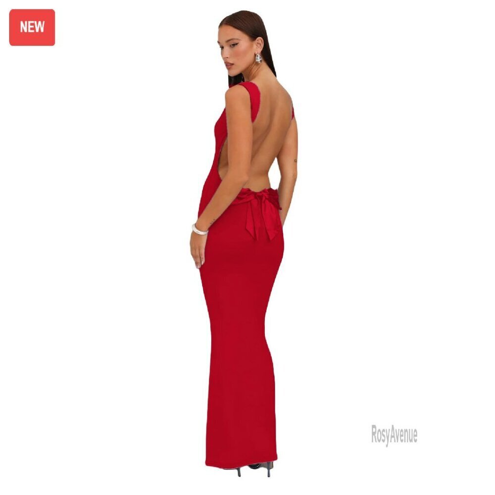 Sexy Backless Maxi Dress Cowl Neck Satin Bow Formal Evening Gown
